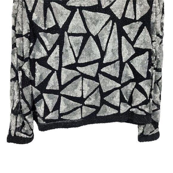 Vtg 80's Sweelo Silk Geometric Black Silver Metallic Sequin Beaded Blazer Sz M - Picture 3 of 12